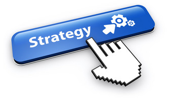 业务策略概念与象征图标和手光标点击蓝色的网络按钮插图白色背景