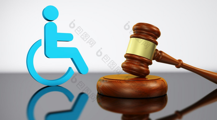残疾法律社会正义服务和法律徒为禁用人概念与法官槌子和轮椅图标插图