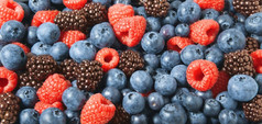 混合浆果健康的水果特写镜头前视图水平横幅背景与各种各样的混合新鲜的和多汁的蓝莓树莓和黑莓