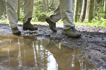 低部分徒步旅行者走通过泥水坑森林