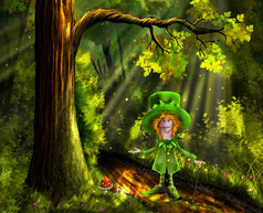 插图快乐绿色gnome的森林