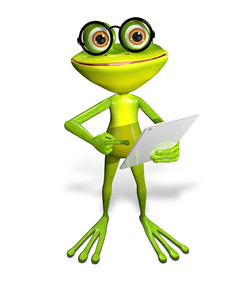 插图快乐绿色青蛙与平板电脑