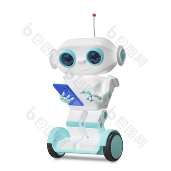插图机器人踏板车与智能手机白色背景