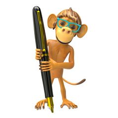 插图猴子穿眼镜与笔白色背景