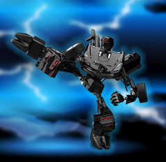 插图机器人变压器战斗机的背景闪电和的晚上天空