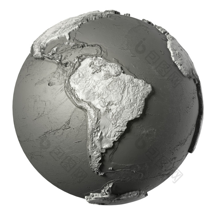 全球模型与详细的地形没有水南美国呈现孤立的白色背景元素这图像有家具的已开启