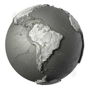 全球模型与详细的地形没有水南美国呈现孤立的白色背景元素这图像有家具的已<strong>开启</strong>