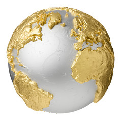 黄金银全球没有水大西洋海洋欧洲非洲北和南美国呈现孤立的白色背景元素这图像有家具的已开启