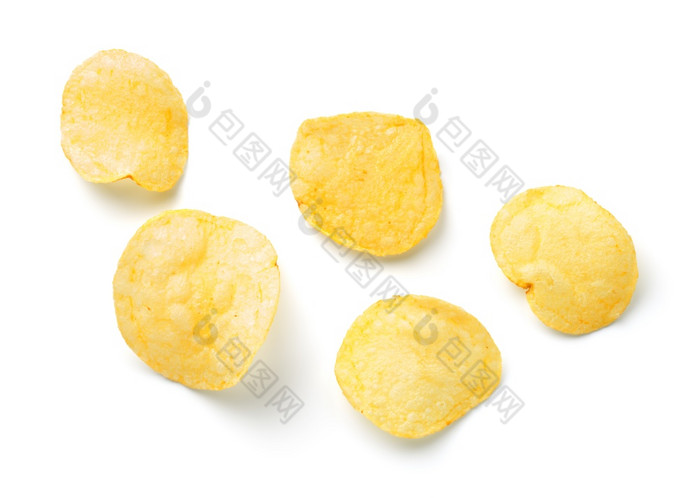 土豆芯片孤立的白色背景前视图咸土豆芯片孤立的白色背景
