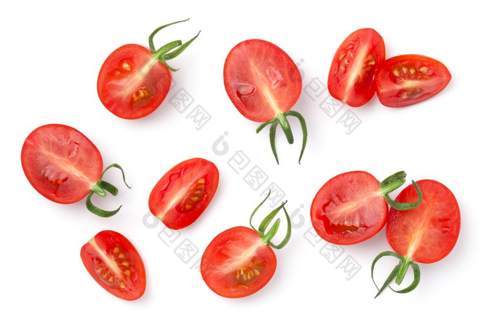樱桃西红柿孤立的白色背景减少一半和季度前视图减少樱桃西红柿孤立的白色背景