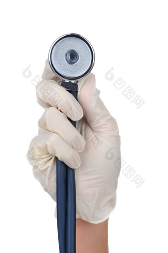 护士手套手持有听诊器在白色背景