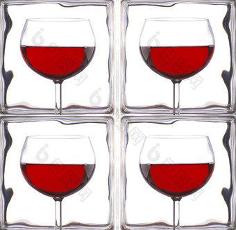 四个红色的酒眼镜前面玻璃砖