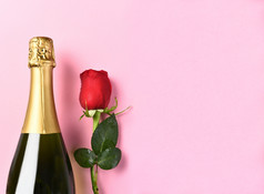 特写镜头瓶香槟和单红色的玫瑰对粉红色的背景与复制空间