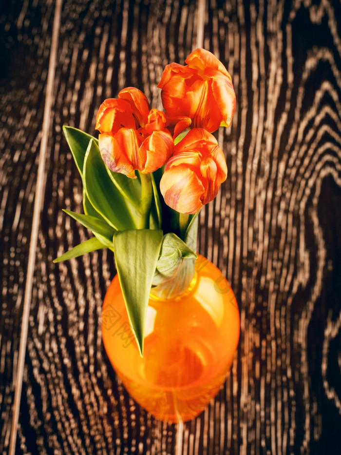 郁金香花花束花瓶木背景郁金香花花束花瓶