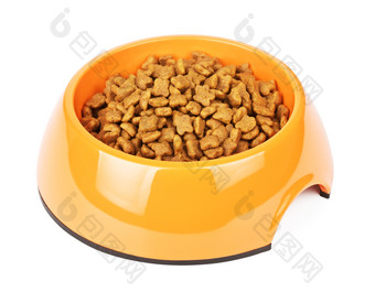 干猫食物黄色的碗孤立的白色背景干猫食物橙色碗