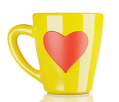 黄色的咖啡杯与心形的点缀孤立的渲染
