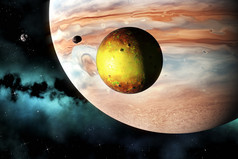 气体巨大的地球和火山月亮就像木星和渲染