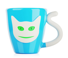 蓝色的咖啡杯与猫点缀孤立的插图