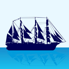 轮廓图像老航行船的插图蓝色的背景