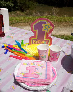 第一个生日聚会，派对公园第一个生日聚会，派对公园与杯而且盘子