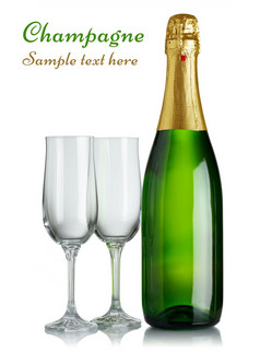 香槟瓶和眼镜孤立的白色背景与复制空间