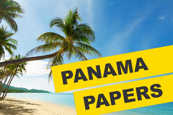 巴拿马论文文档泄漏概念拼贴画与热带海滩和巴拿马论文文本