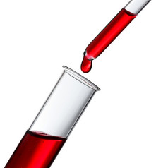 血其他红色的液体下降从玻璃吸管测试管孤立的白色