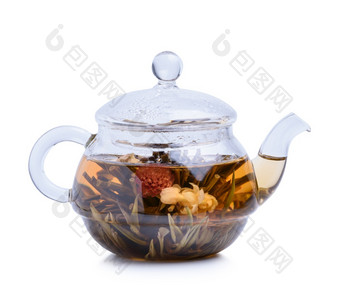 热茶玻璃茶壶孤立的白色背景