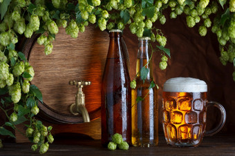 啤酒瓶与玻璃啤酒和桶与新鲜的啤酒花框架静物