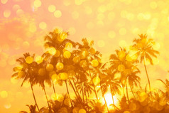 温暖的橙色日出热带海滩与太阳射线通过棕榈树轮廓和金闪亮的散景双曝光效果