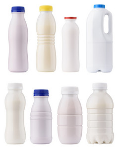 乳制品产品包装集牛奶瓶空白模型设计集合清洁关闭酸奶瓶孤立的白色背景