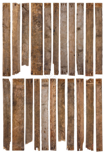 木<strong>木板</strong>孤立的白色背景集独特的长乡村饱经风霜的<strong>木板</strong>材与生锈的指甲锋利的和高度详细的为设计和建模