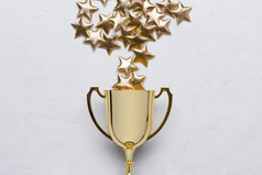 金赢家奖杯杯与金星星白色变形背景