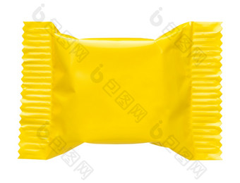 黄色的空白密封塑料箔袋食物袋零食包装孤立的白色背景平前视图