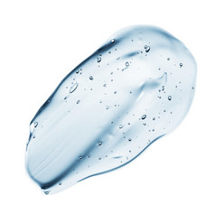 透明的清晰的蓝色的液体血清过来这里涂抹与泡沫孤立的白色背景