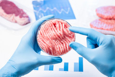 人工培养肉概念科学家点清洁地面肉样本实验室佩特里菜质量安全检查