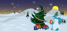 雪人与礼物附近的圣诞节树的晚上