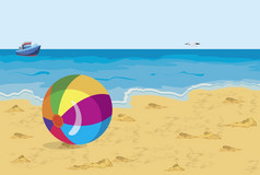 向量插图大色彩斑斓的球的海滩海鸥而且船