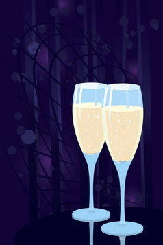 向量插图两个香槟眼镜晚上迪斯科背景