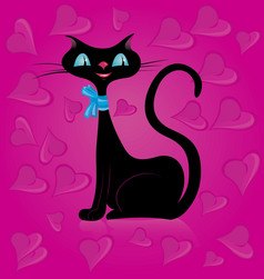 向量插图黑色的猫粉红色的背景与心