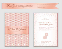 奢侈品婚礼邀请模板与玫瑰黄金闪亮的现实的丝带回来和前面卡布局与粉红色的金模式白色孤立的设计为新娘淋浴保存的日期横幅