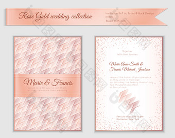 奢侈品婚礼邀请模板与玫瑰黄金闪亮的现实的丝带回来和前面卡布局与粉红色的金模式白色孤立的设计为新娘淋浴保存的日期横幅