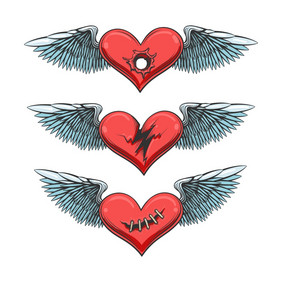 长翅膀的心纹身集爱伤害了撕裂拍摄和缝