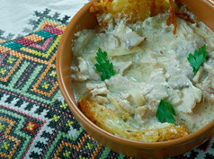 烤hutsul喀尔巴阡山脉的菜与肉蘑菇和奶油酱汁