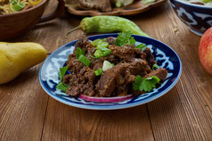 容易脆皮蒙古牛肉蒙古厨房亚洲传统的各种各样的菜前视图