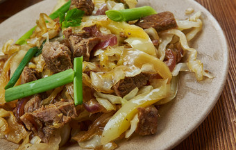 蒙古牛肉蛋卷蒙古厨房亚洲传统的各种各样的菜前视图