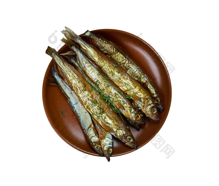 屈曲热熏鲱鱼类似的的基普和的鲱鱼瑞典自制的厨房传统的各种各样的菜前视图