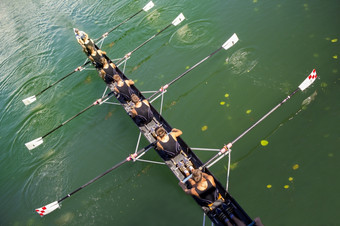船考克斯八个的运动员划船的宁静的湖