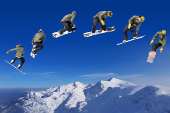 滑雪滑雪板滑雪跳山阳光明媚的一天