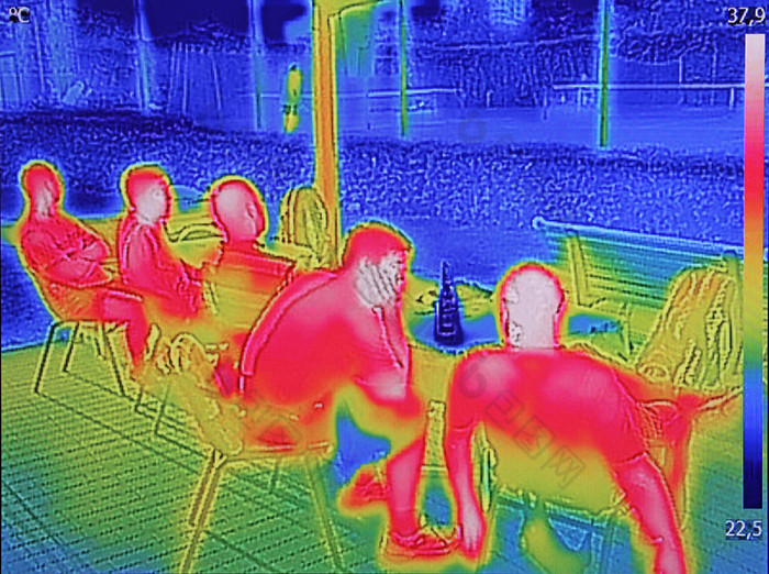 红外Thermovision图像显示当人坐的表格的夏天